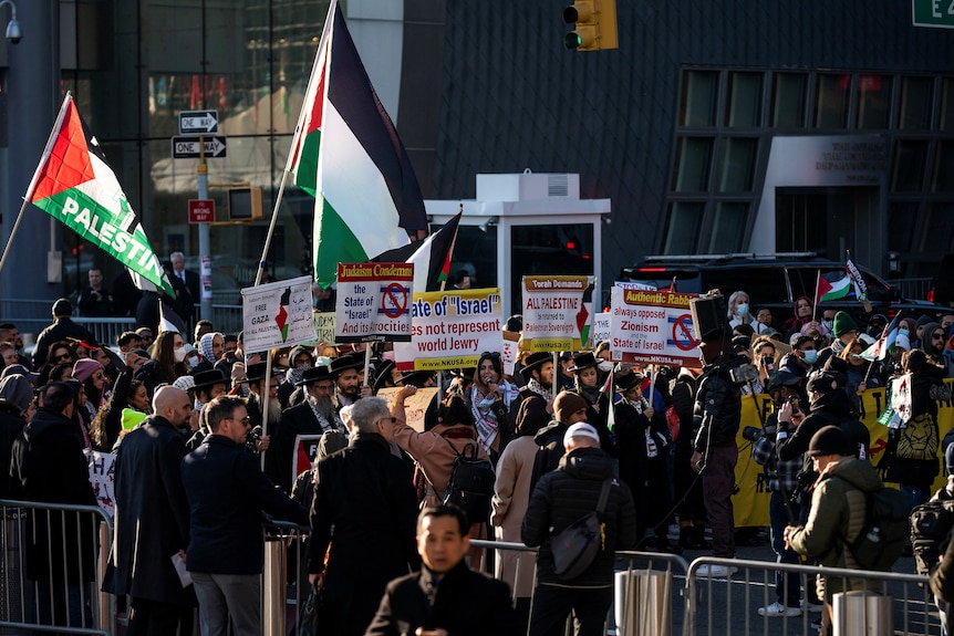 A crowd of people holds Palestinian flags and protest signs behind a barricade.