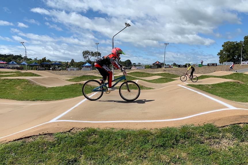 Chelsea Tuck taking to the track during practise at the National BMX Championships in Launceston. 