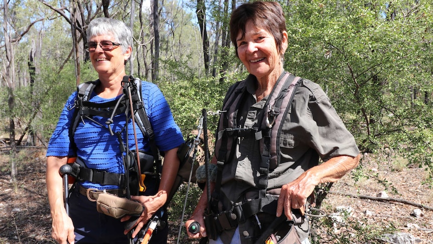 Two gold prospectors stand in a state forest near Clermont in central Queensland