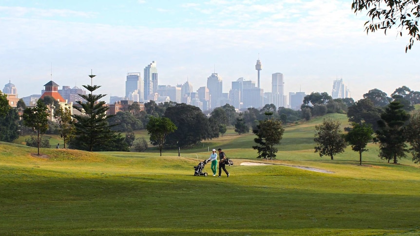 People playing golf in a large park with the city skyline in the background.