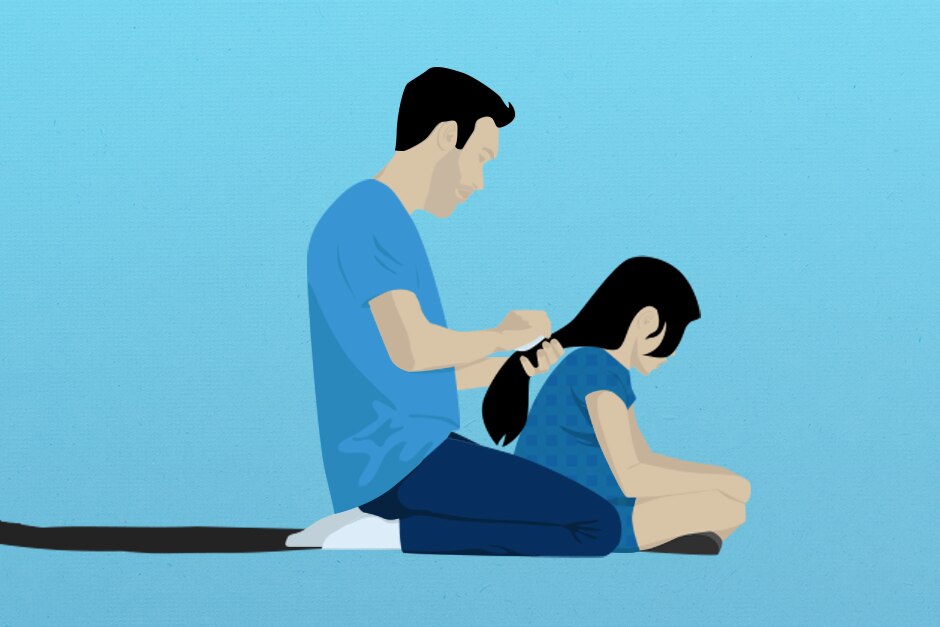 An illustration of a dad brushing his daughter's hair