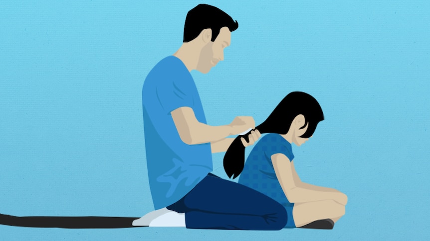 An illustration of a dad brushing his daughter's hair