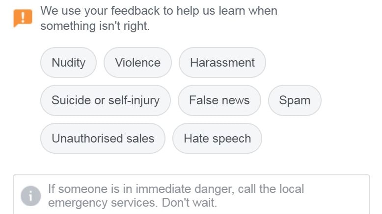 A screenshot of the reporting form provided by Facebook gives users the option to flag a number of issues, including false news.