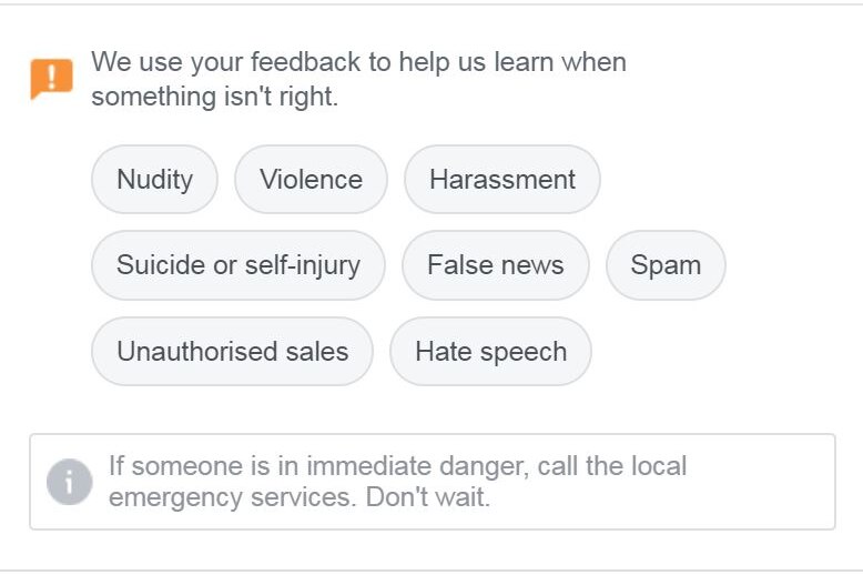 A screenshot of the reporting form provided by Facebook gives users the option to flag a number of issues, including false news.