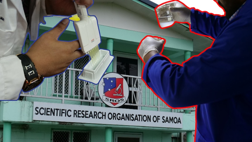 Images of scientists at work overlaying the Scientific Research Ogranisation of Samoa building.