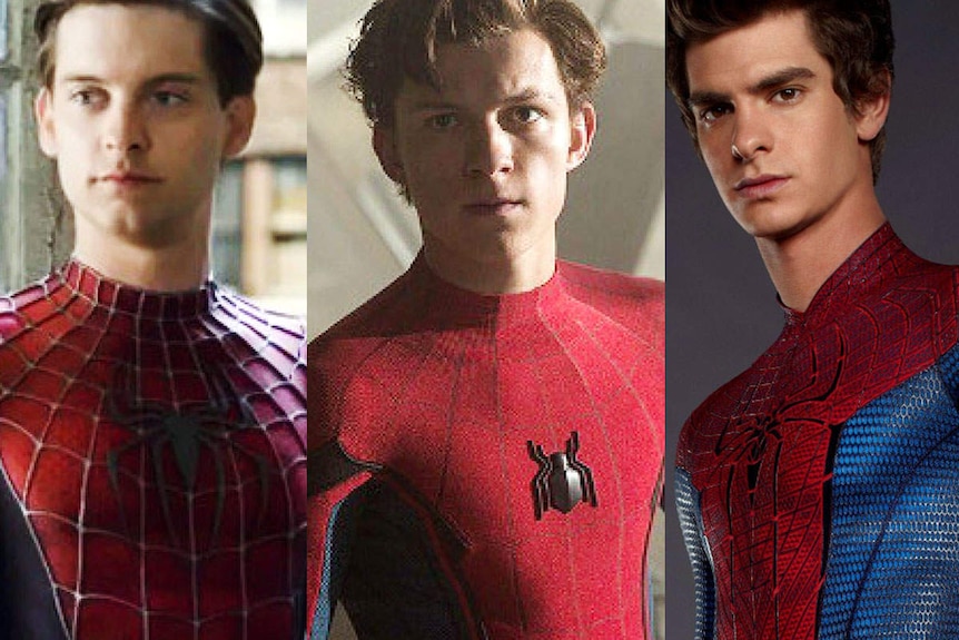 A composite image of actors Tobey Maguire, Tom Holland and Andrew Garfield