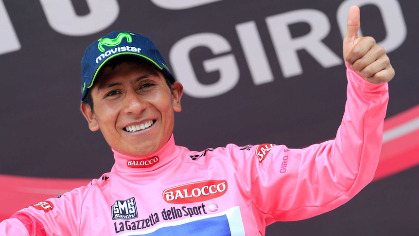 Cyclist Nairo Quintana celebrates winning the 16th stage of the Giro d'Italia