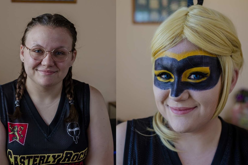 Two photos placed side by side. Woman without make-up, wears glasses. Second photo - painted black mask and blonde wig.