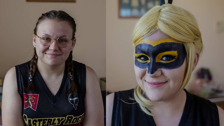 Two photos placed side by side. Woman without make-up, wears glasses. Second photo - painted black mask and blonde wig.