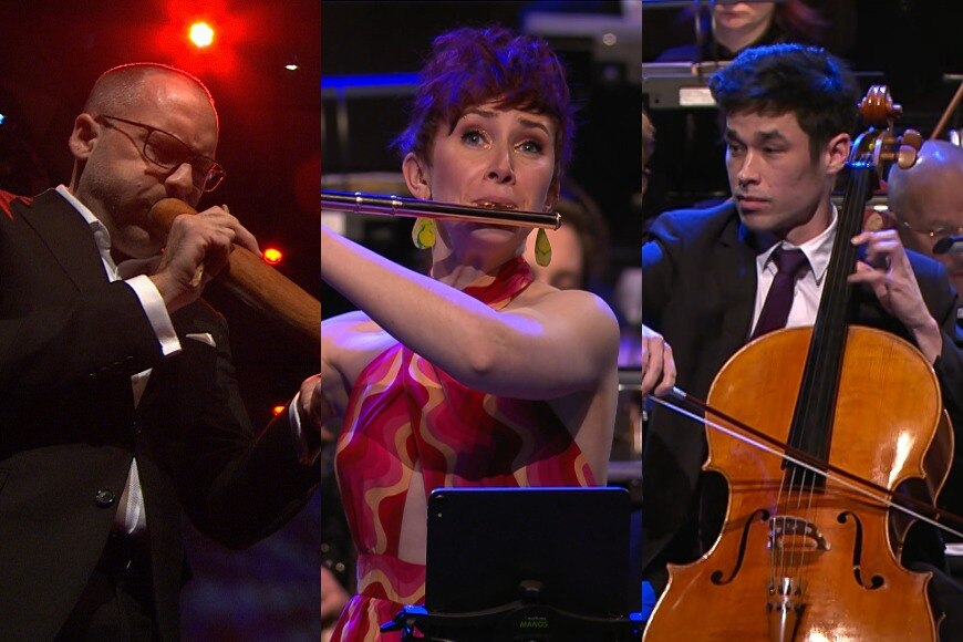 A man playing the didgeridoo. A woman playing the flute. And a man playing the cello.