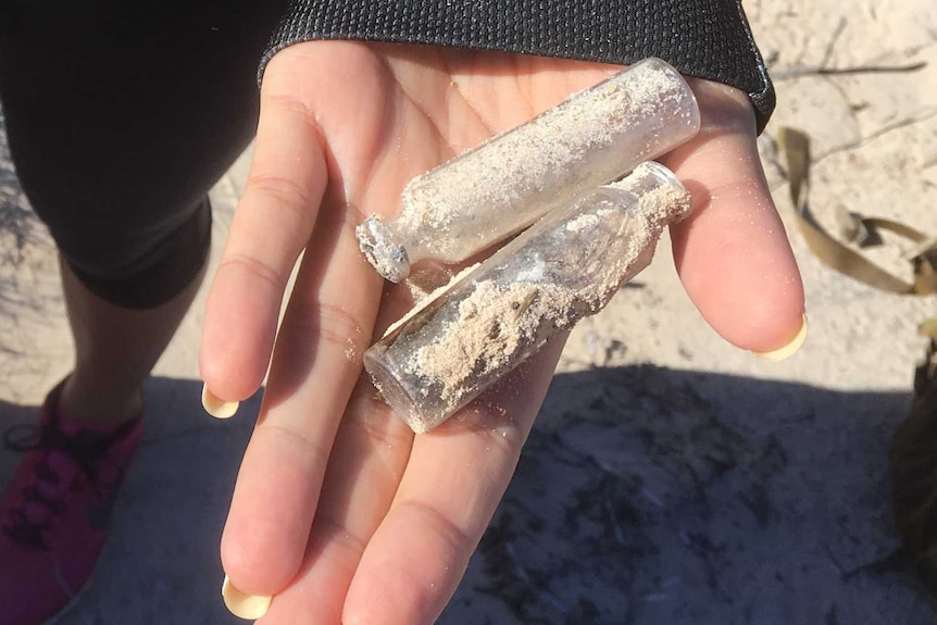 A hand holding medical artefacts from the lock hospital era on Bernier and Dorre Islands off Carnarvon, in WA.