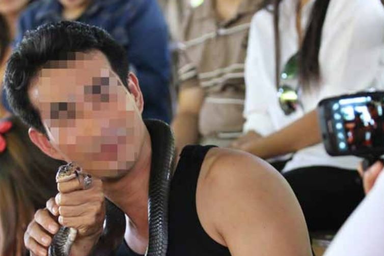 Man poses with a snake at tourist park