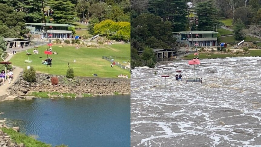 A composite image of before and after flooding at Cataract Gorge.