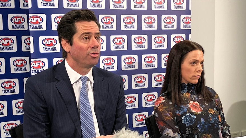 Gillon McLachlan with AFL Tasmania's Trisha Squires