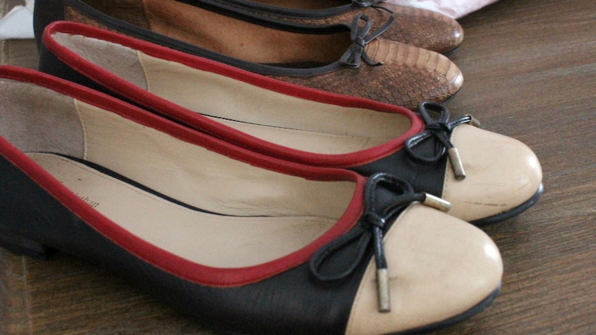 Close up of two pairs of ballet flat shoes.
