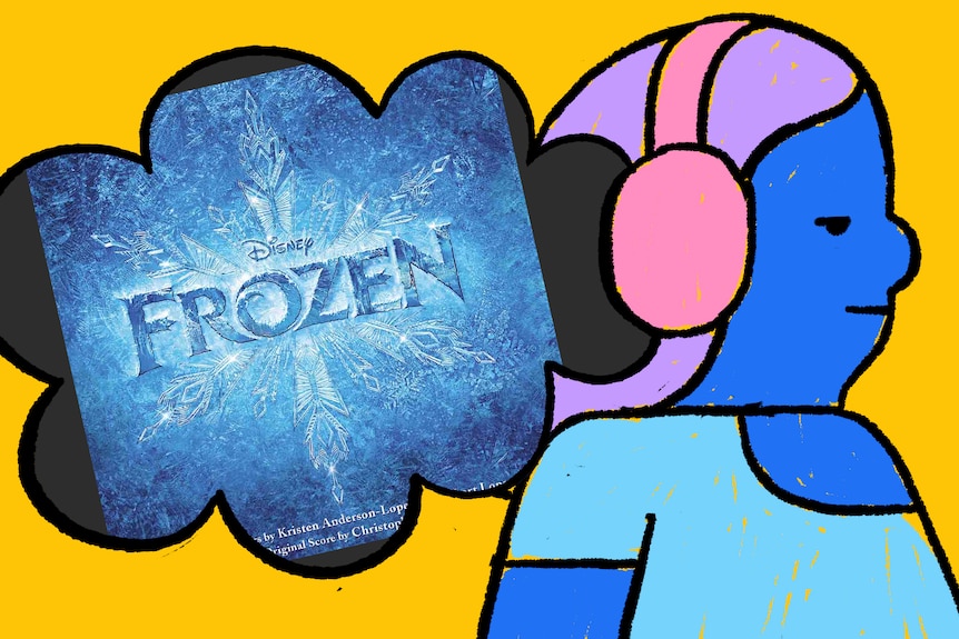 Illustration of a numb-looking person with headphones on has a thought bubble showing a Disney Frozen album cover.