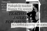 A black and white collage including a man in sunglasses and headlines relating to child sexual abuse.