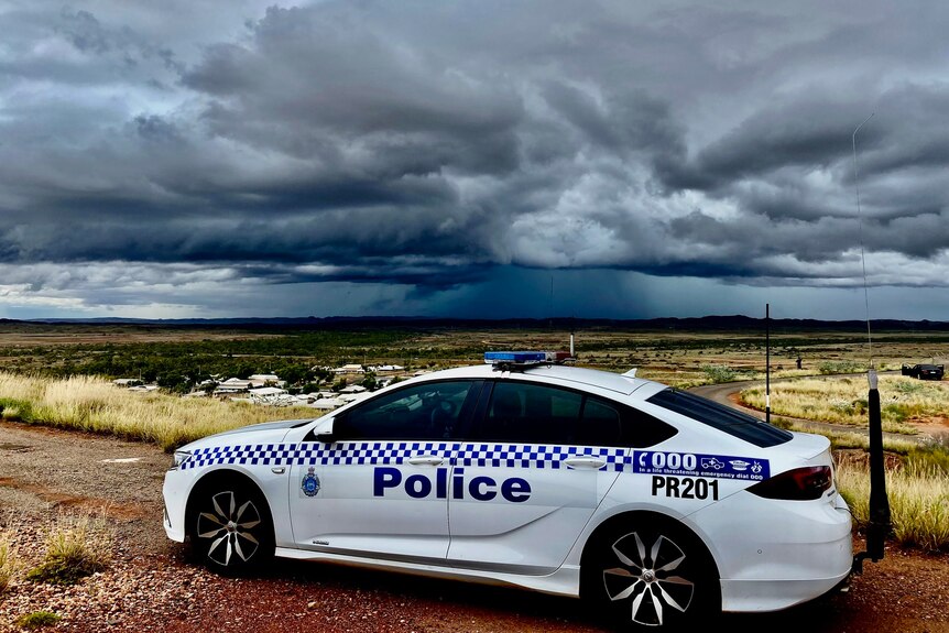 A police car parked under ominous grey storm clouds.