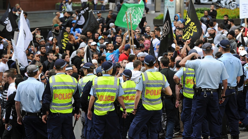 Police confront Sydney protesters (AFP: Greg Wood)