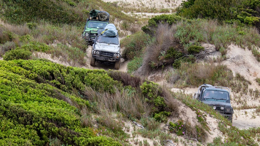 Three vehicles drive on a track on Tasmania's west coast.