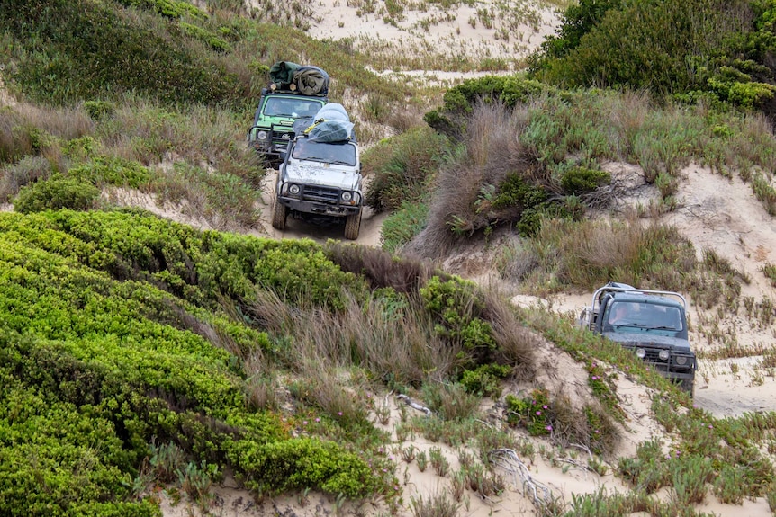 Three vehicles make drive on a track on Tasmania's west coast.