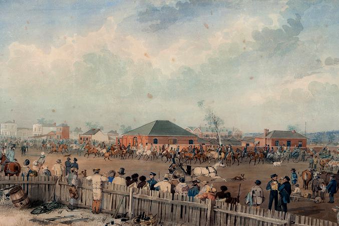 A colonial painting of people watching other people on horseback in an early settlement