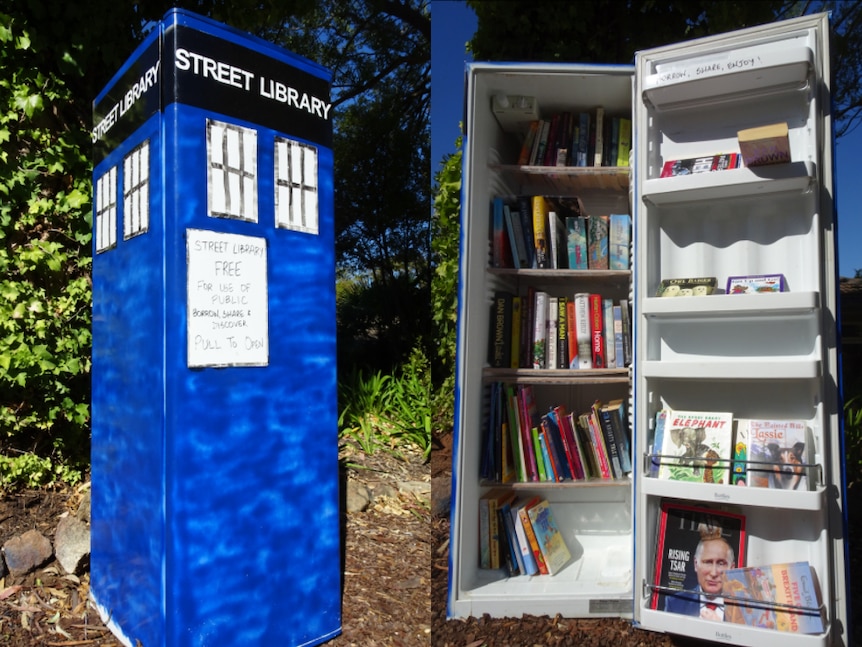 A fridge re-purposed into a TARDIS street library.