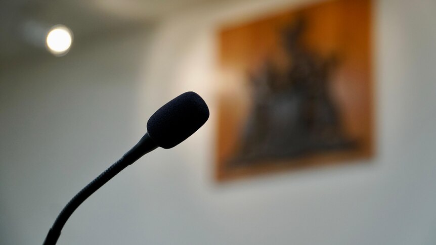 A microphone standing in a court room with a blurred coat of arms in the background.