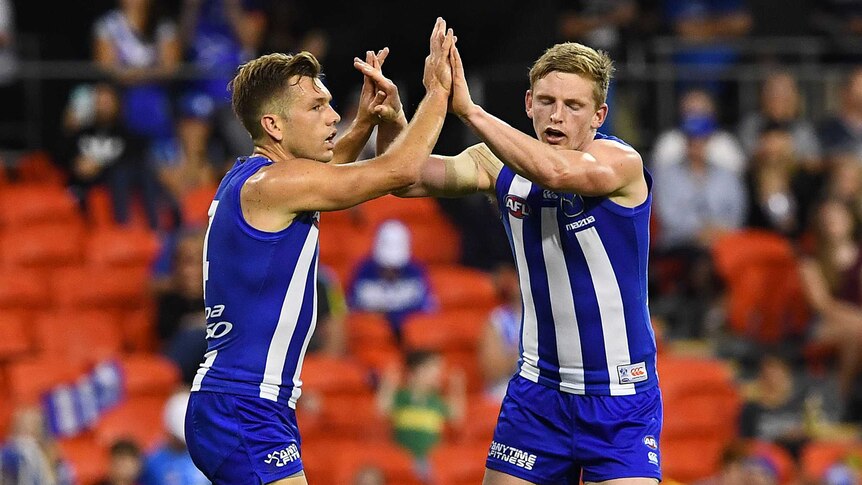 Shaun Higgins celebrates goal for North Melbourne against Suns