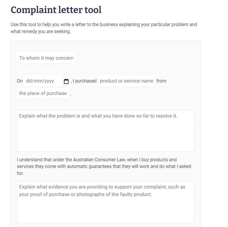 A screenshot of the ACCC's online complaint letter writing tool