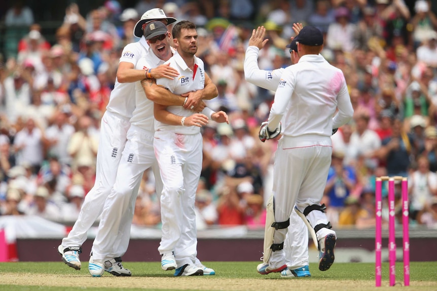 England celebrates removing Shane Watson in the fifth Test