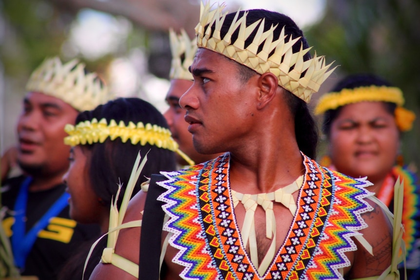 A man from Chuuk wearing traditional dress at the Festival of Pacific Arts, held in Guam in May-June 2016.