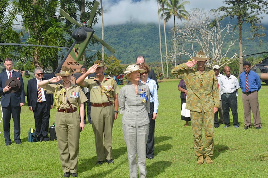 Governor General Quentin Bryce takes part in the Anzac Day commemorations in Kokoda, Papua New Guinea, Thursday, April 25, 2013.