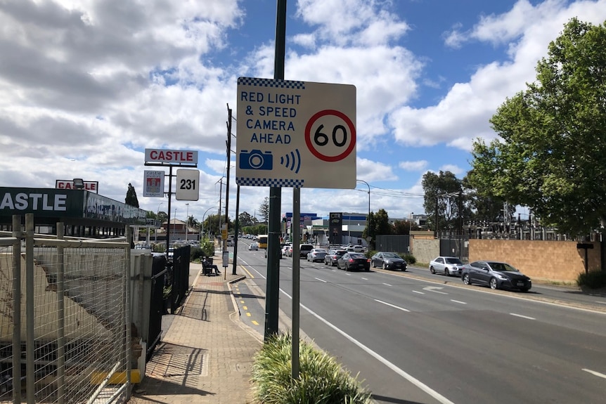 A red light and speed camera warning sign in Adelaide