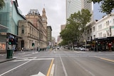 A largely empty Elizabeth Street, viewed from the tram tracks in the centre of the road.