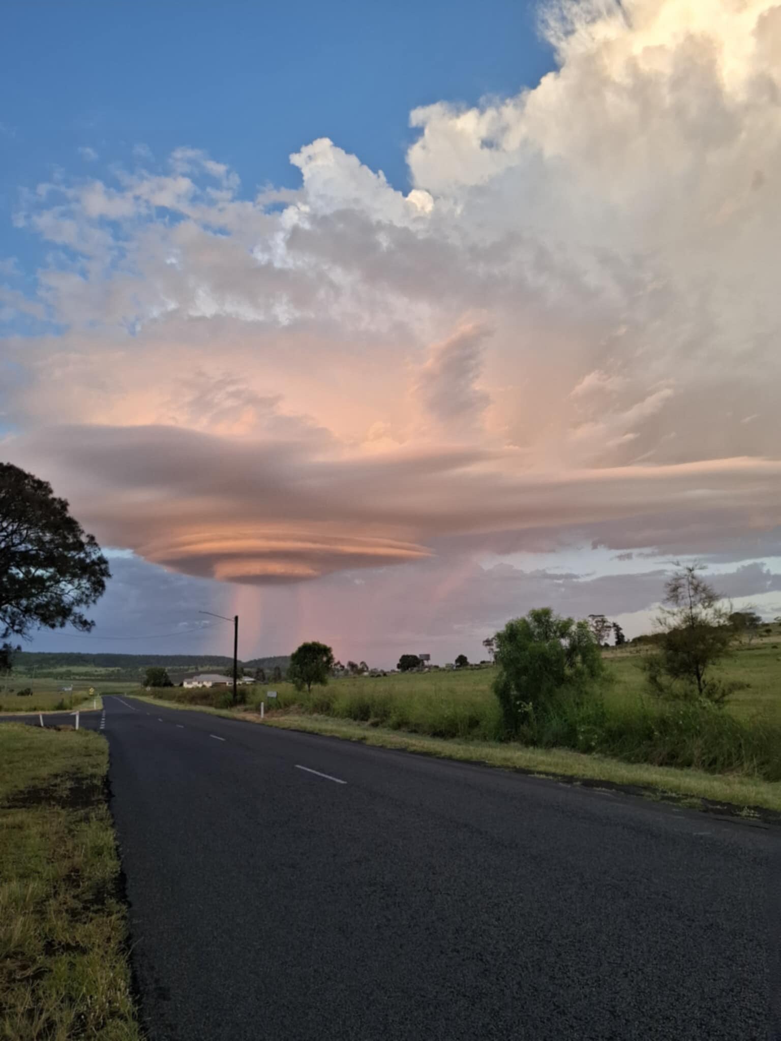 A pinky-orange layered cloud appears in the sky, forming the shape of a UFO.