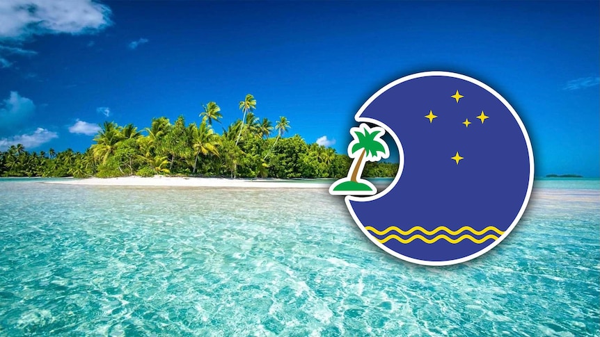 a beach in tuvalu on a sunny day. The logo of the pacific islands forum is superimposed over the top of the photo