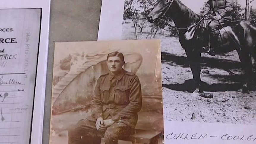 Portrait photo of soldier on in uniform, photo of soldier on horse in background