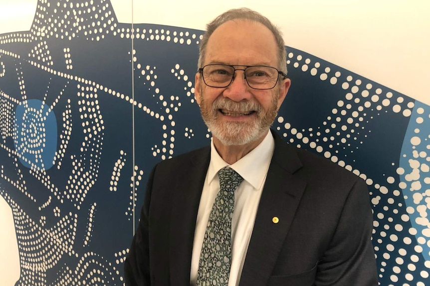 Peter Klinken smiling, wearing a dark suit and white shirt while standing in front of an Indigenous wall painting.