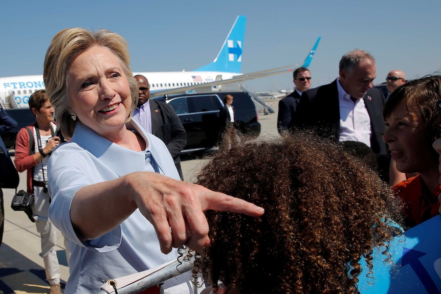 US Democratic presidential nominee Hillary Clinton greets well-wishers as she arrives in Cleveland, Ohio, US.