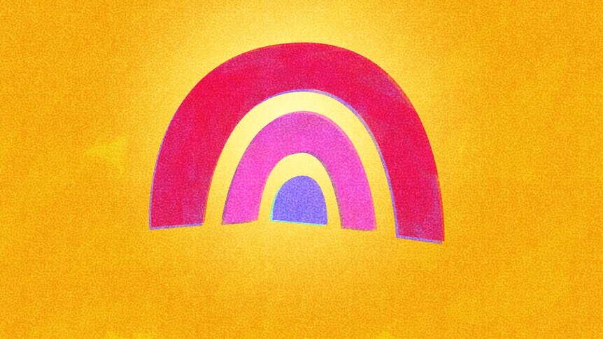 A cartoony rainbow in red, pink and purple on a yellow background.