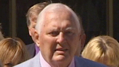 Still taken off tv tape of WA business identity Alan Bond at his second wife's - Diana Bliss - funeral in Perth 6 May 2015
