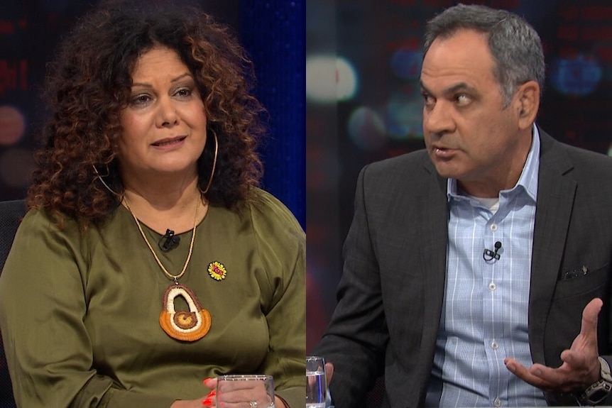 Split screen image of a woman and a man on ABC's Q+A.