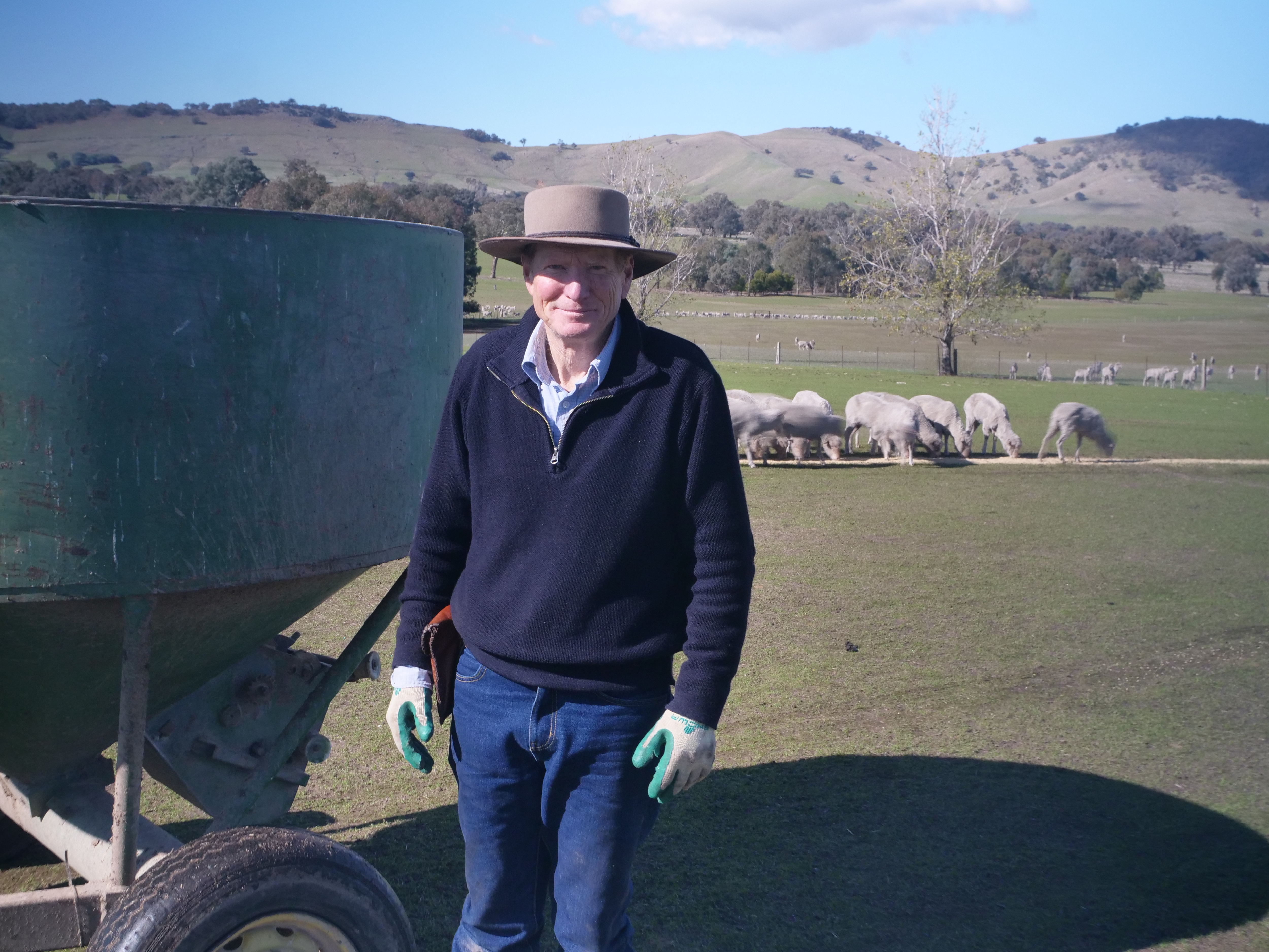A man in a blue jumper and hat stands near a feeder with sheep in the background