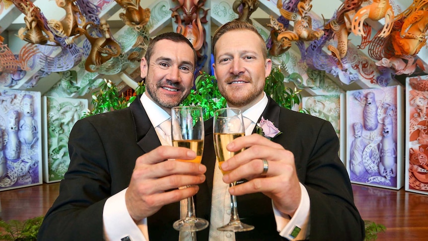 Paul McCarthy (left) and Trent Kandler get married in Wellington