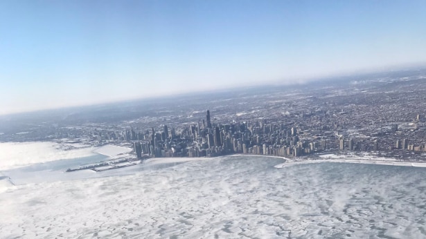 The view from a plane showing extent of snow and ice that has engulfed the city of Chicago.
