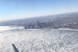 The view from a plane showing extent of snow and ice that has engulfed the city of Chicago.