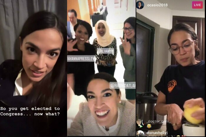 A composite of Instagram screenshots showing Alexandria Ocasio-Cortez in different situations.