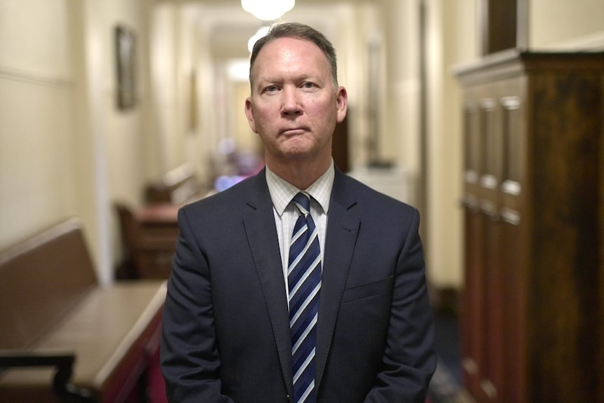 An MP stands in a corridor of parliament.