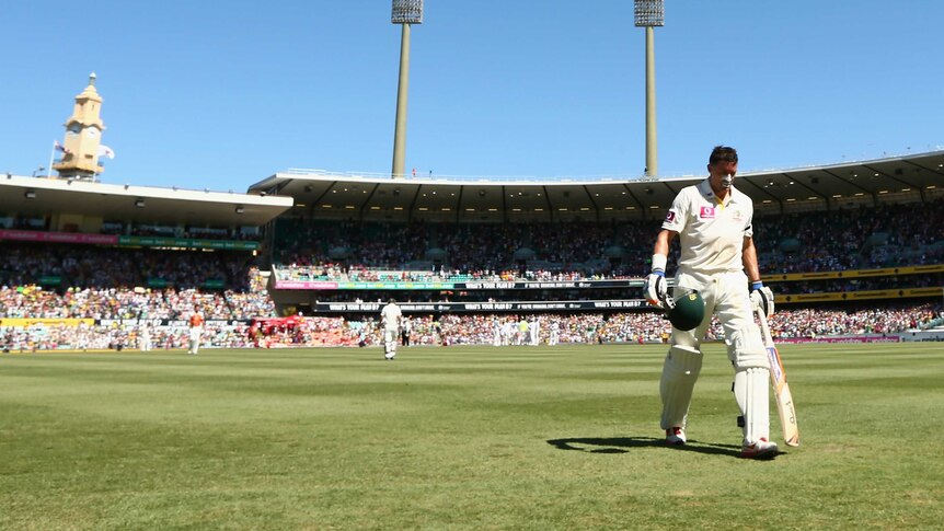 Dejected finish ...  Michael Hussey walks off the SCG pitch for possibly the last time after getting run out for 25.